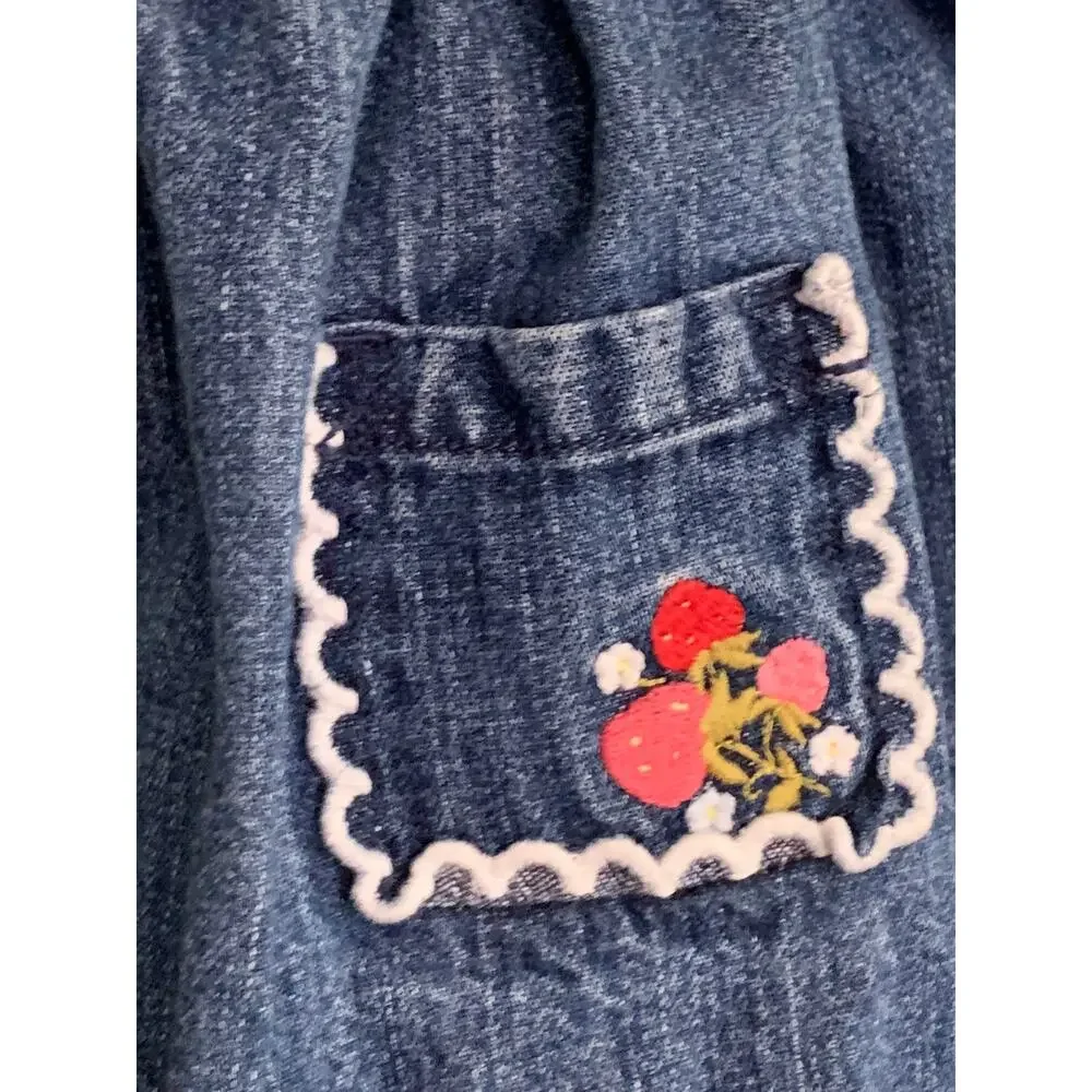 Gymboree Vintage Denim Jumper Dress Embroidered Floral Blue 12-18 Mos.